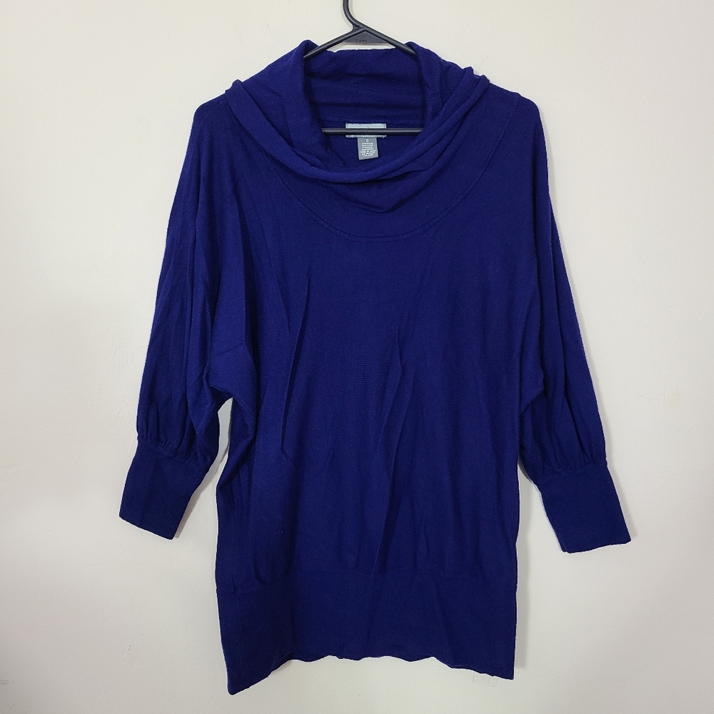 NEIMAN MARCUS Long Blue Tunic Womens‎ S Turtleneck 3/4 Sleeve Sweater